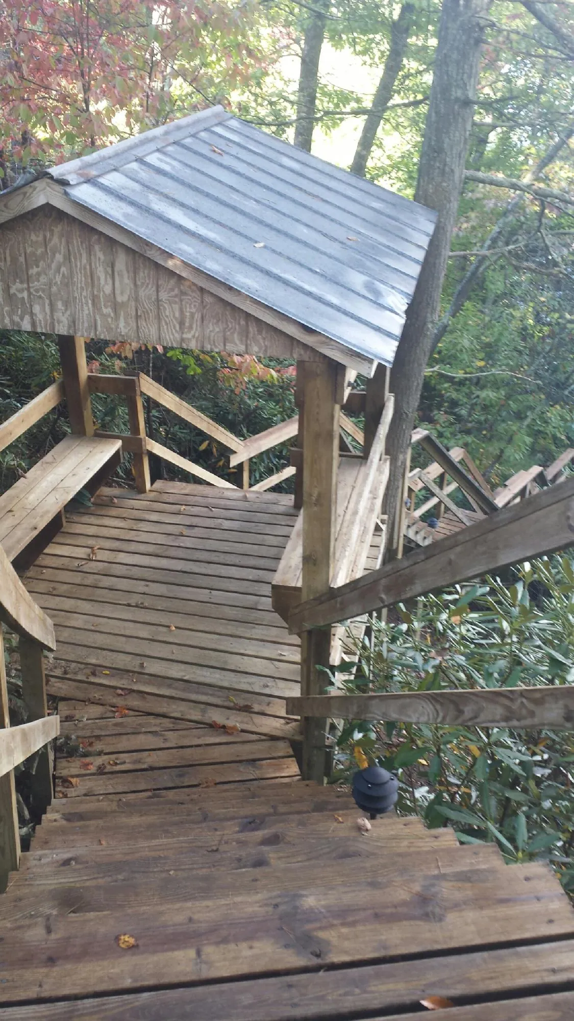 Metal roofed shelter over wooden steps on a wooded walkway — Skylight Repair & Installation work by our crew in Round Lake
